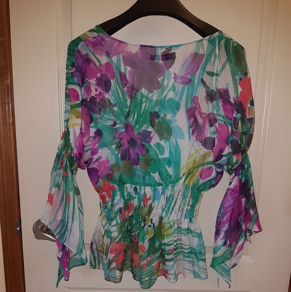 Zara S Sheer Bell Sleeve Top Blouse Ruching - Picture 2 of 3